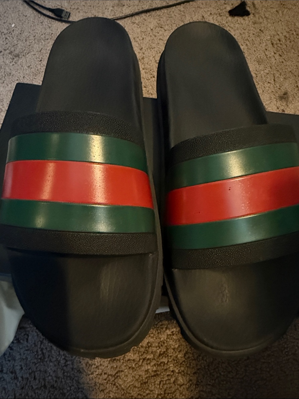 Gucci Black Slide Sandals with Green and Red Web Stripe
